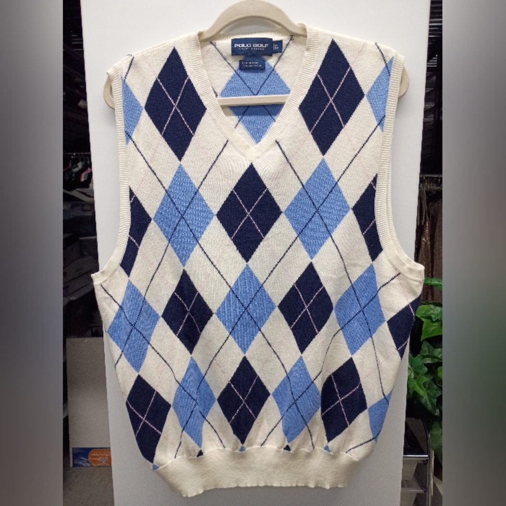 Polo Golf, Argyle V-Neck Cotton/Cashmere Sleeveless Pullover Sweater